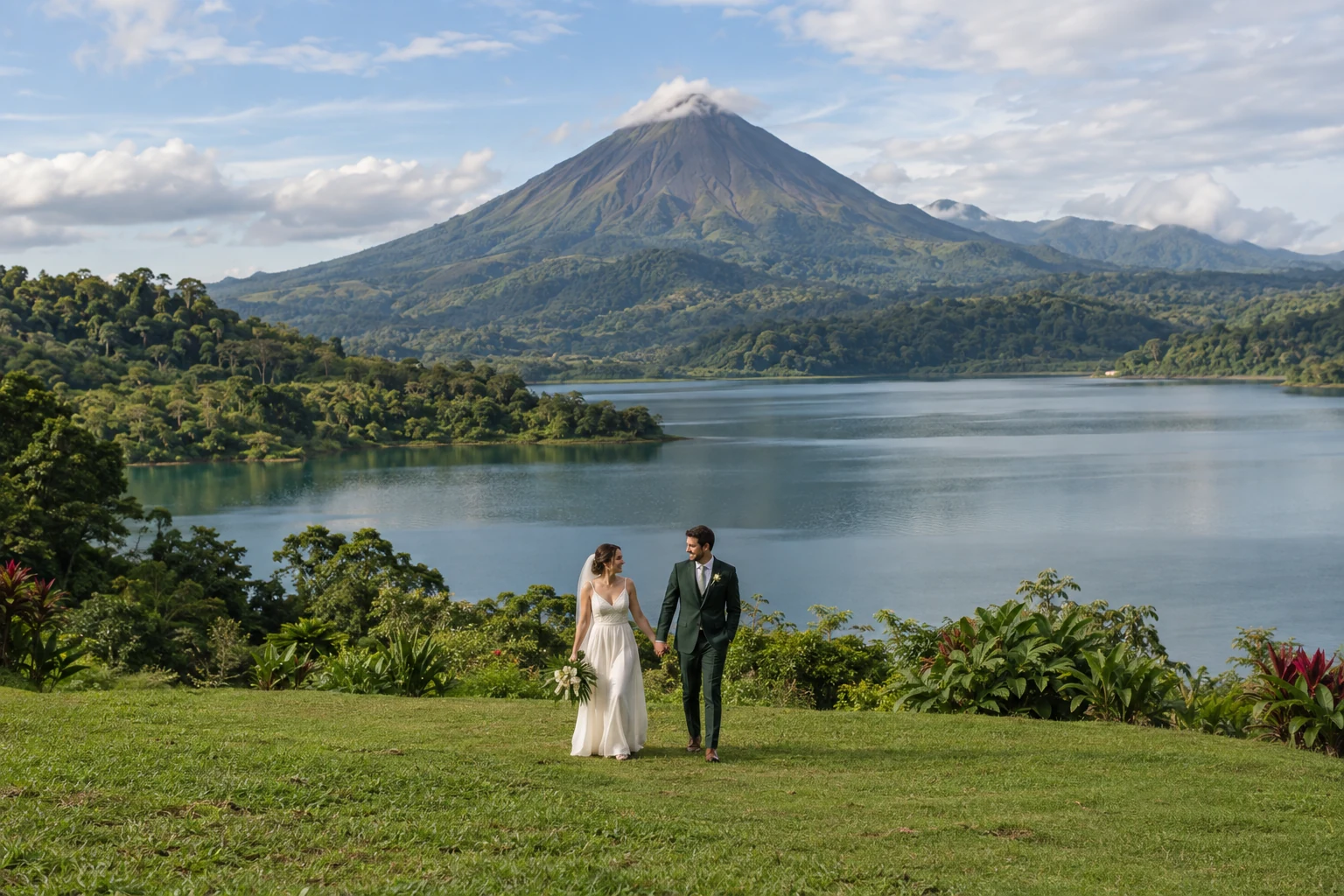 Bride and groom on a grassy lakeside overlook with Lake Arenal and the conical Arenal volcano filling the landscape