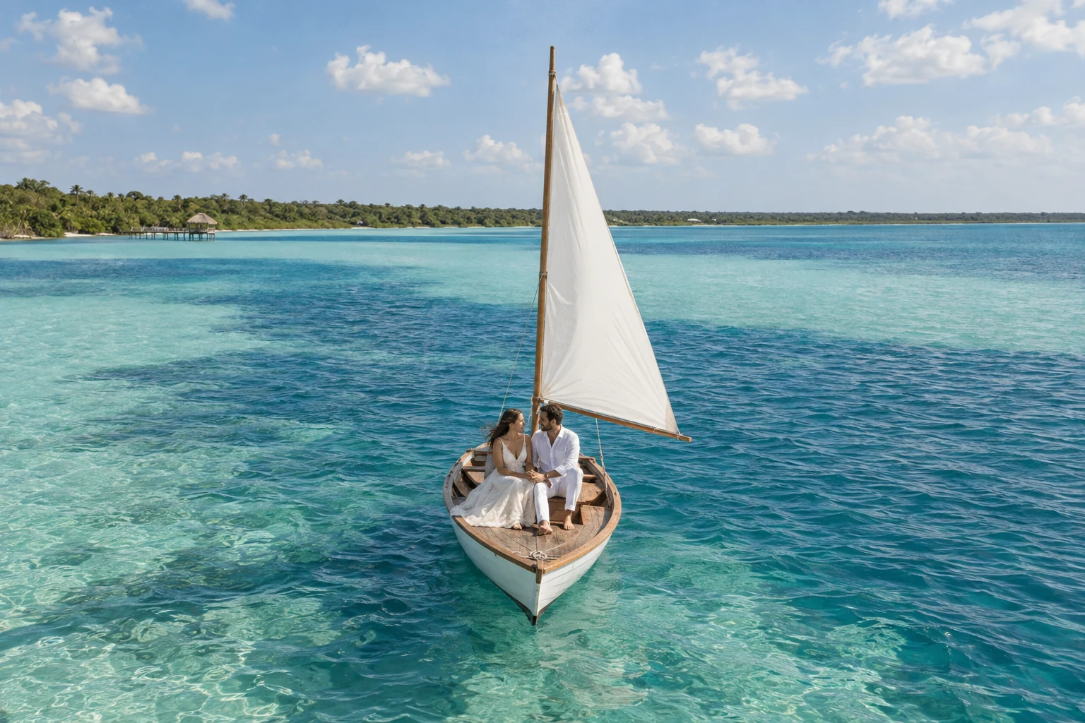Bride and groom sailing over the pale turquoise shallows and deep blue water of Bacalar Lagoon