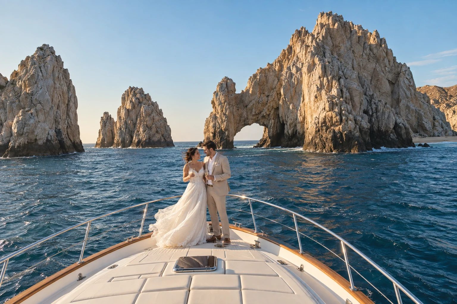 Bride and groom aboard a private yacht with El Arco and the rocky Cabo San Lucas coastline behind them