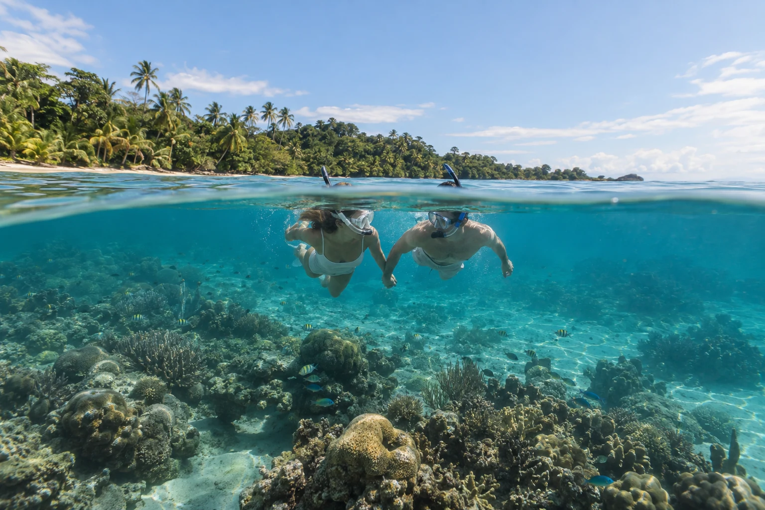 Newlywed bride and groom snorkeling above Cahuita’s Caribbean reef, with the palm-lined coast above the waterline