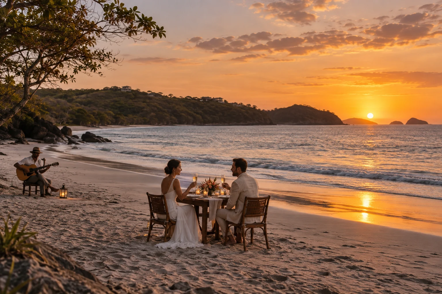 Bride and groom at an intimate beach dinner on the Guanacaste coast, with a guitarist and the Pacific sunset