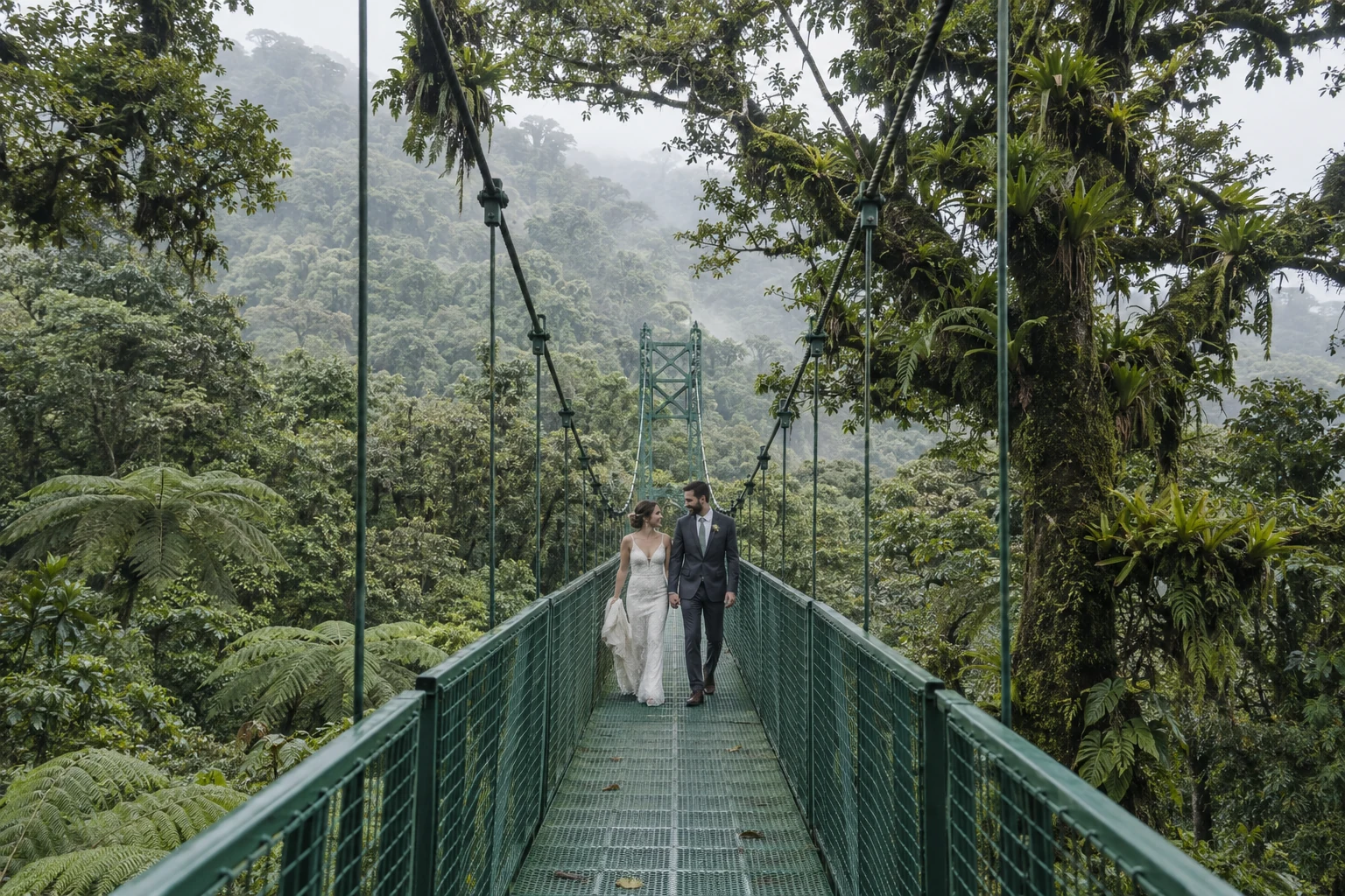 Bride and groom walking across a modern suspension bridge through Monteverde’s misty cloud-forest canopy