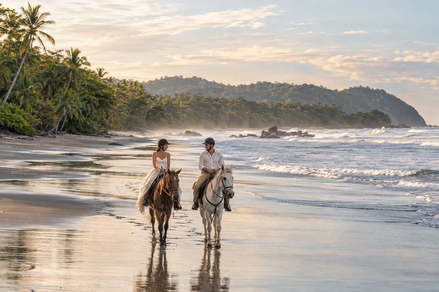 Bride and groom riding horses along the broad Pacific beach near Nosara and Santa Teresa