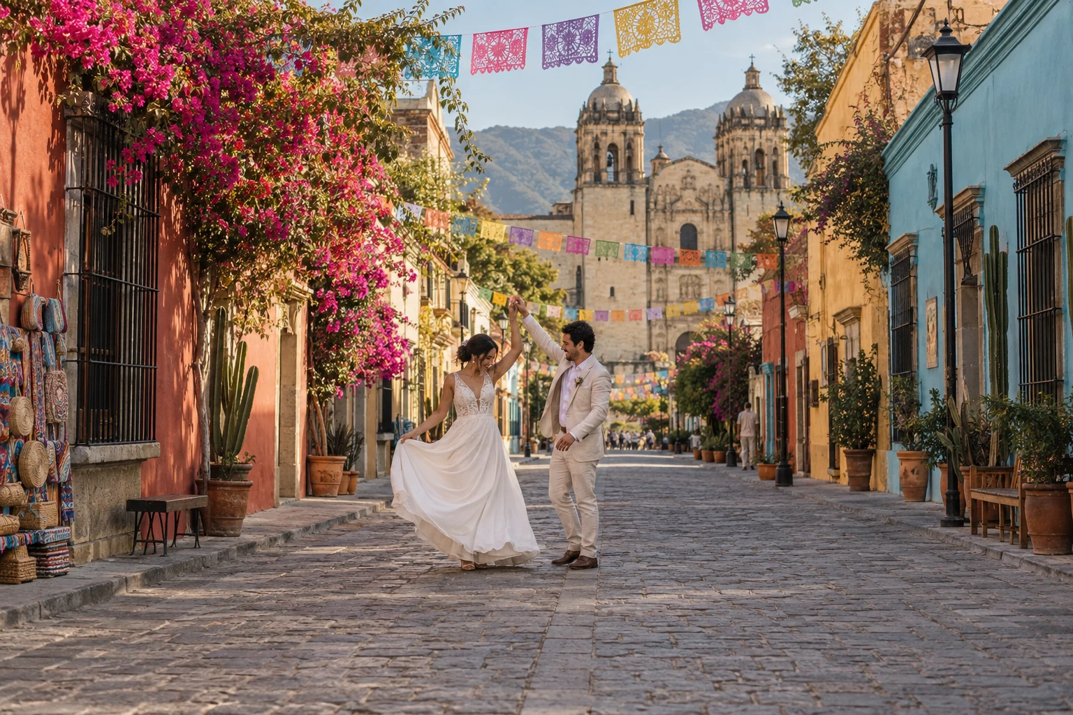 Bride and groom dancing beneath papel picado on a colorful Oaxaca street with Santo Domingo’s stone towers in the distance