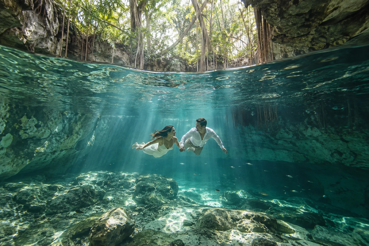 Bride and groom swimming through clear water beneath a sunlit Riviera Maya cenote opening