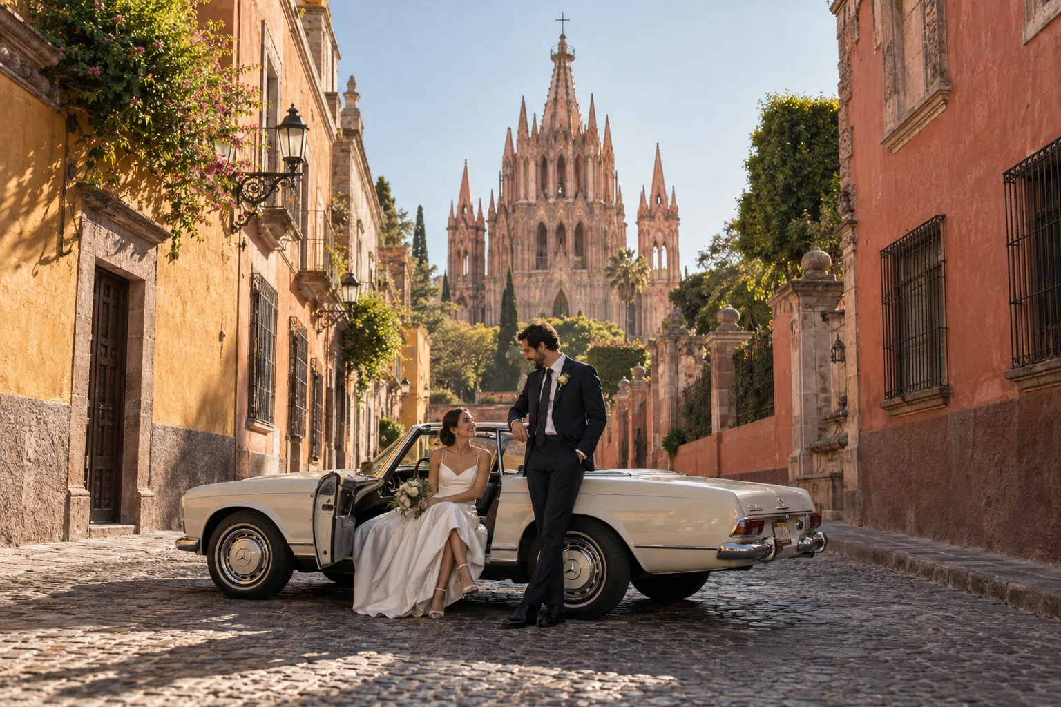Bride and groom beside a classic convertible on a San Miguel de Allende cobbled street, with the pink Parroquia in view
