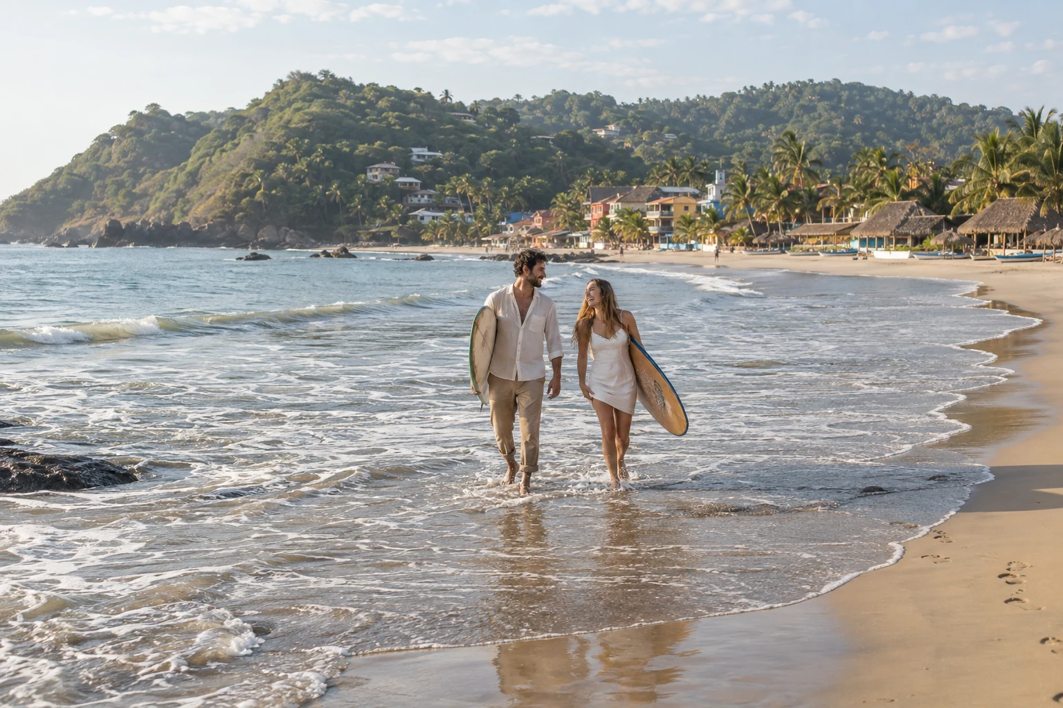 Barefoot bride and groom carrying surfboards along Sayulita’s beach with its green headland and colorful seaside town