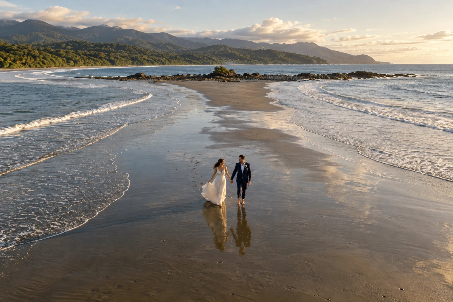 Bride and groom walking on Uvita’s low-tide sandbar, framed by the Pacific and lush rainforest coastline